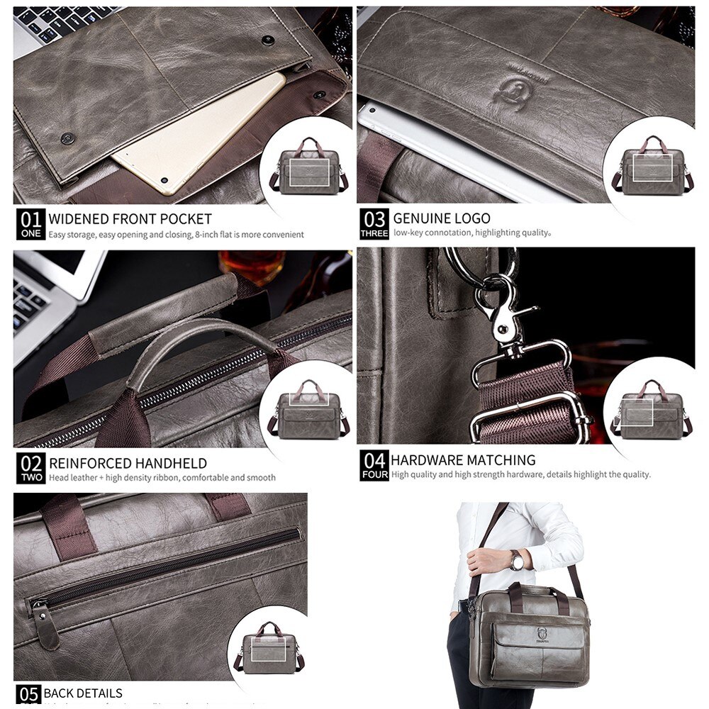 Laptoptasche aus Leder mit Schultergurt grau