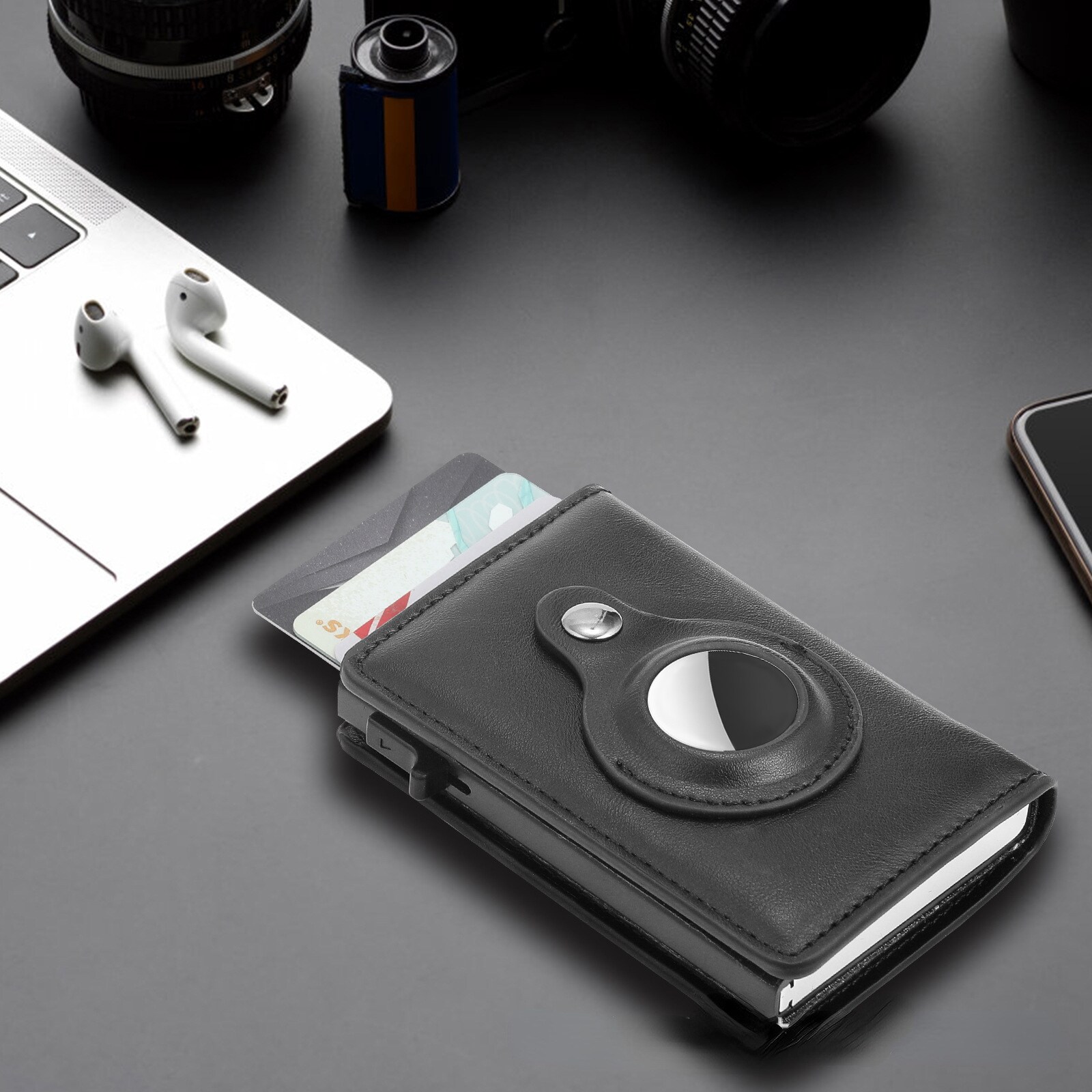 Leder Kartenhalter AirTag Schwarz