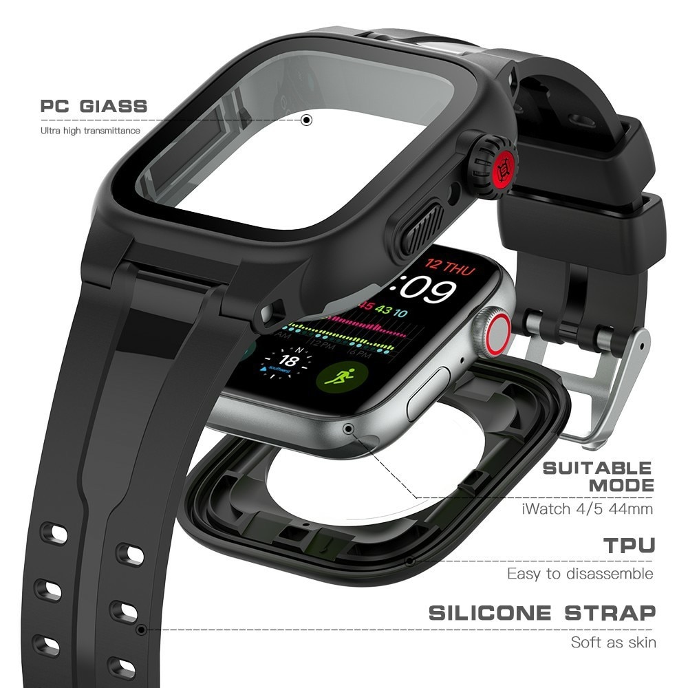 Apple Watch SE 44mm Wasserdichte Hülle + Armband aus Silikon, schwarz