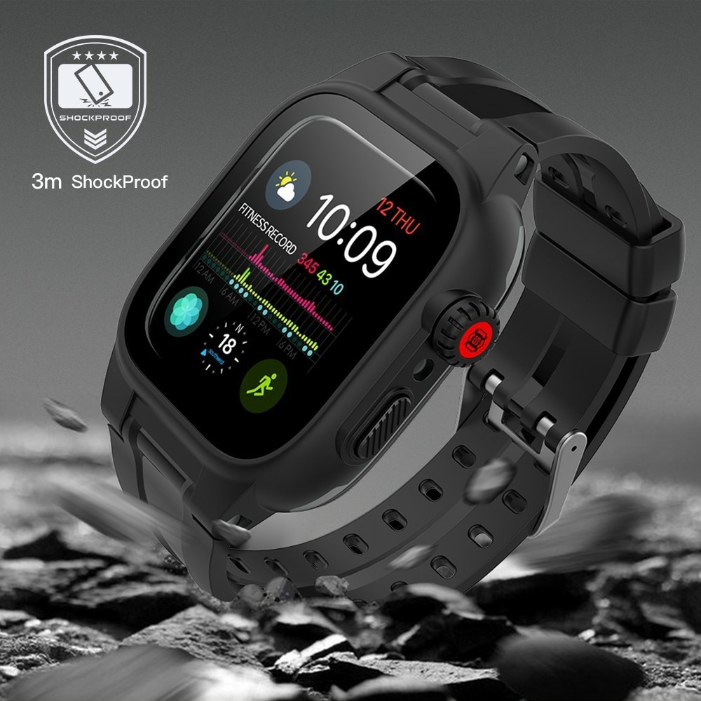 Apple Watch 44mm Wasserdichte Hülle + Armband aus Silikon, schwarz