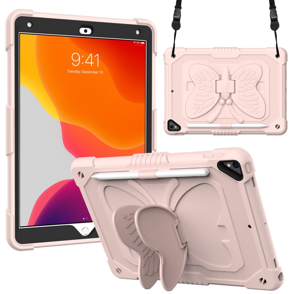 iPad 10.2 7th Gen (2019) Schmetterling Hybrid-Hülle mit Schultergurt rosa