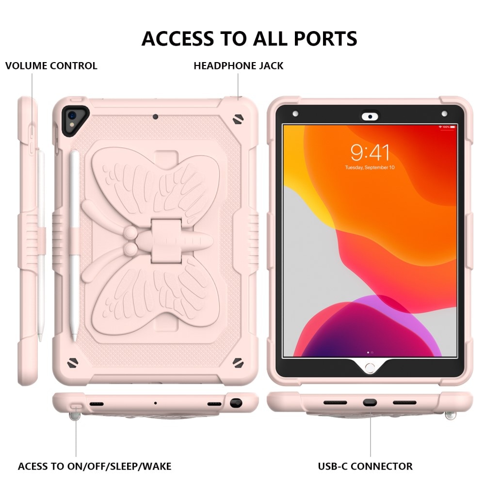 iPad 10.2 7th Gen (2019) Schmetterling Hybrid-Hülle mit Schultergurt rosa