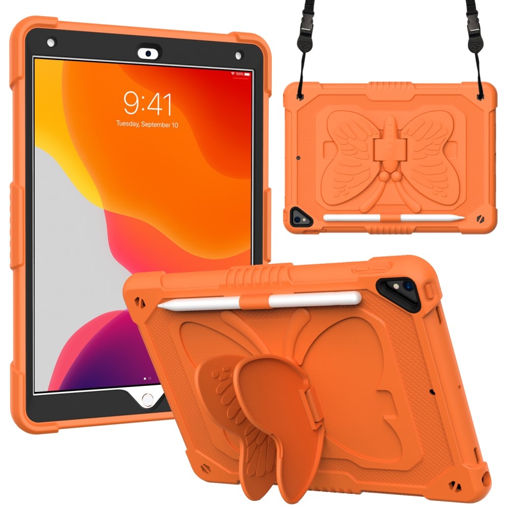 iPad 10.2 7th Gen (2019) Schmetterling Hybrid-Hülle mit Schultergurt orange