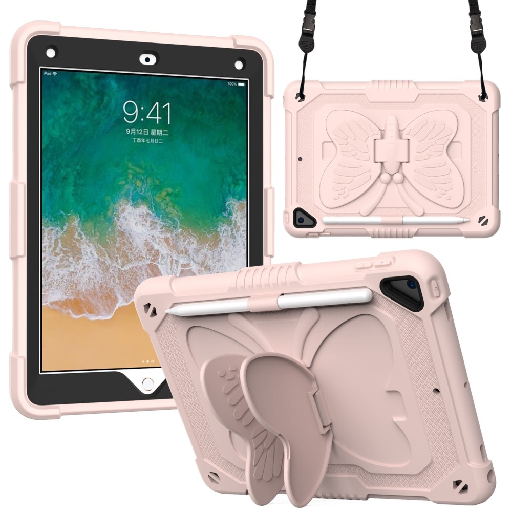 iPad 9.7 6th Gen (2018) Schmetterling Hybrid-Hülle mit Schultergurt rosa