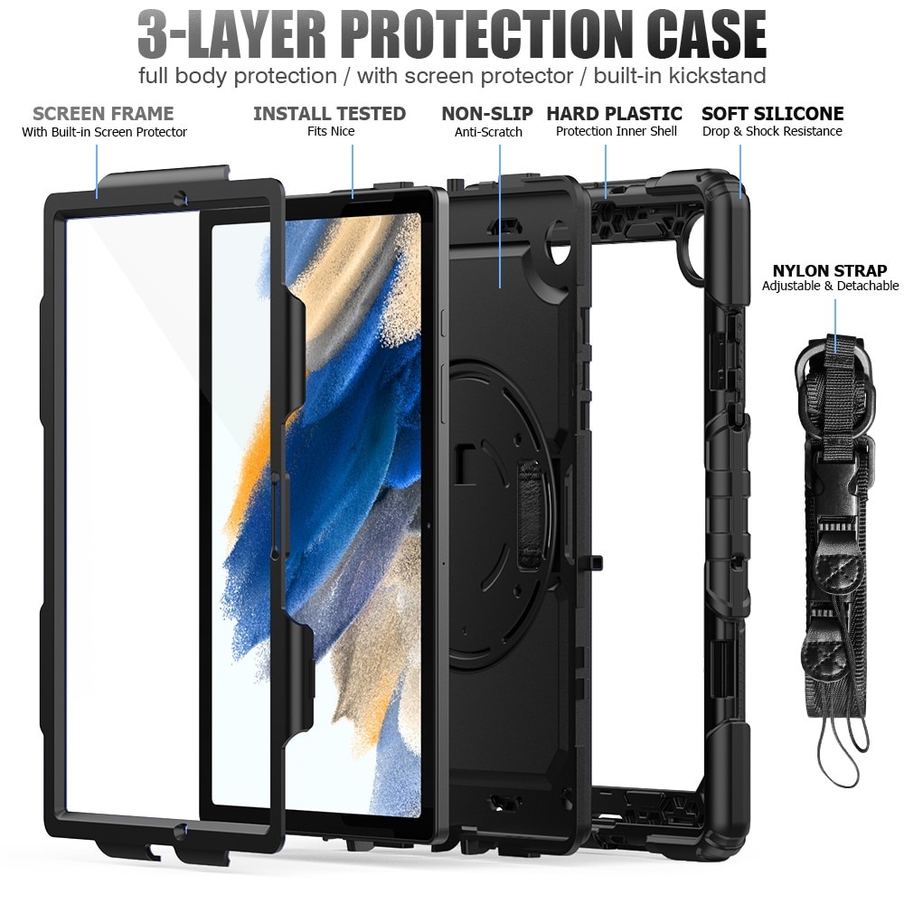 Samsung Galaxy Tab A8 10.5 Stoßfeste Full Protection Hybrid-Hülle mit Schultergurt Schwarz