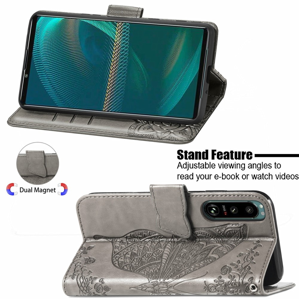 Sony Xperia 5 III Handyhülle mit Schmetterlingsmuster, grau