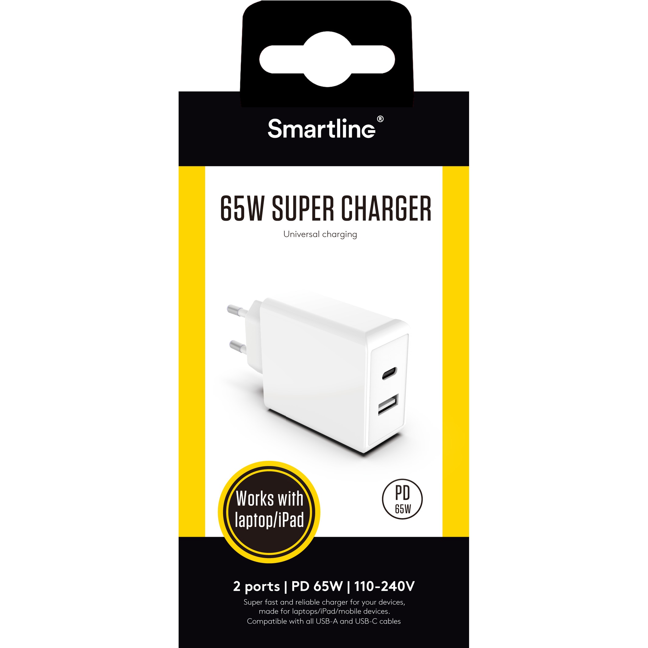 Power Delivery Ladegerät 65W Dual USB-C+A Weiß