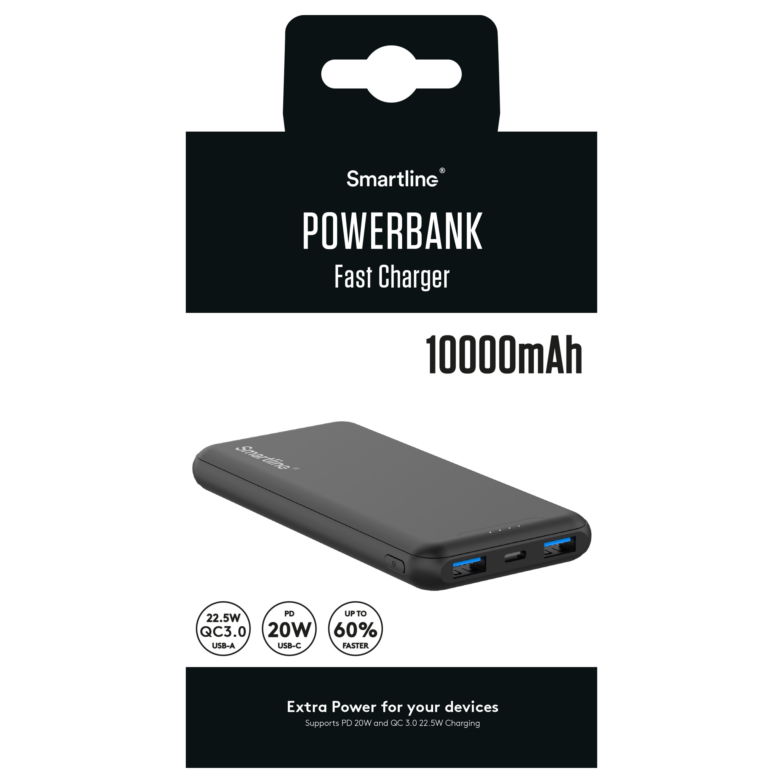 Powerbank 10000 mAh USB-A + USB-C PD schwarz