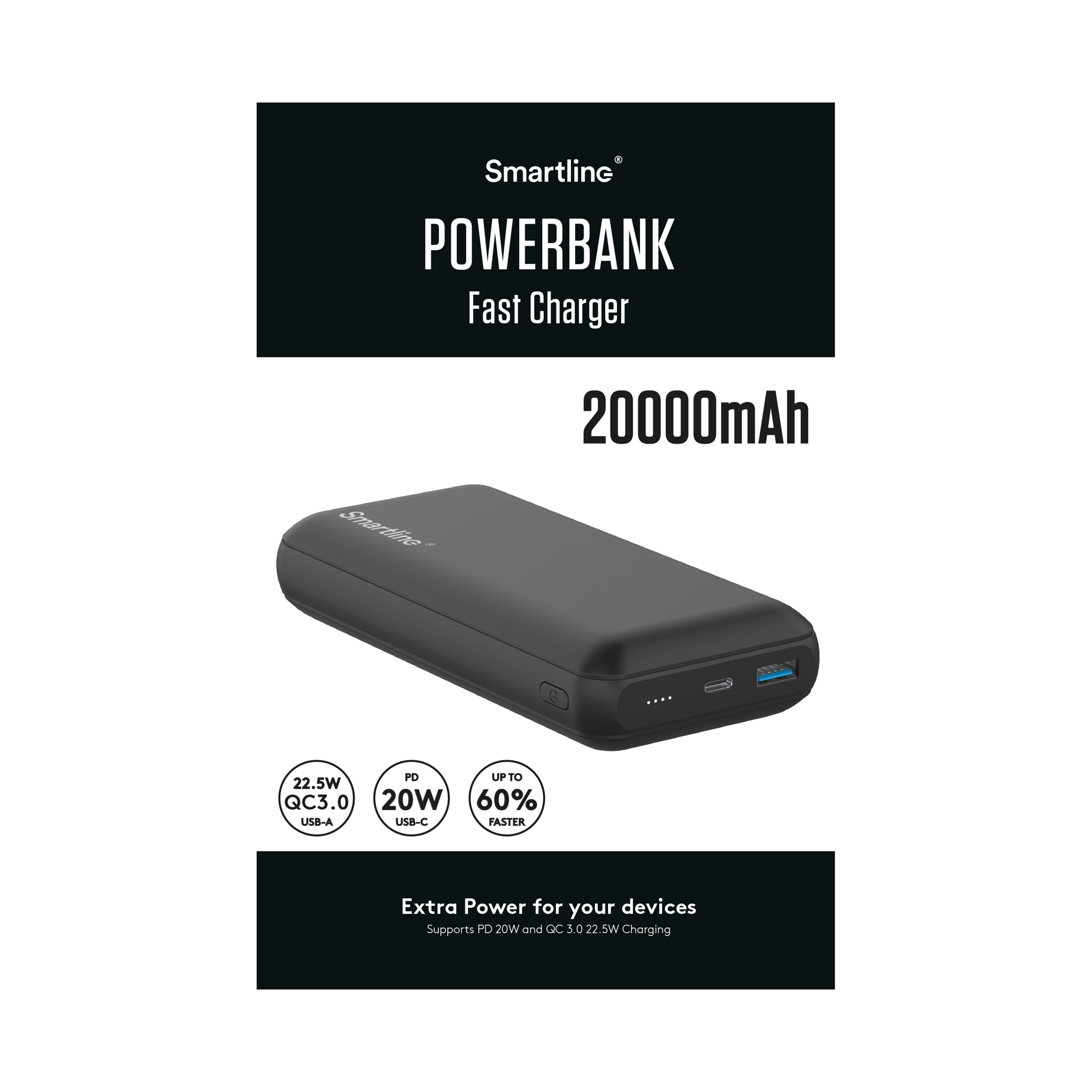 Powerbank 20000 mAh USB-A + USB-C PD schwarz