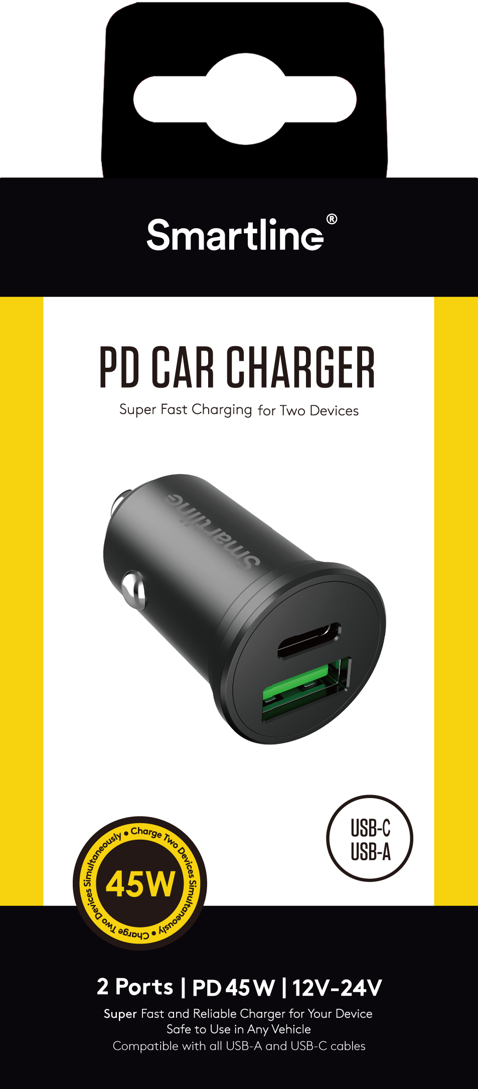 PD Dual Auto-Ladegerät USB-C + USB-A 45W 12V-24V schwarz