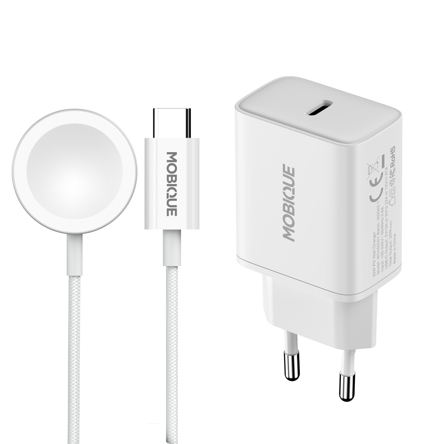Komplettes Ladegerät Apple Watch Series 8 45mm Kabel und Wandladegerät 20W Weiß