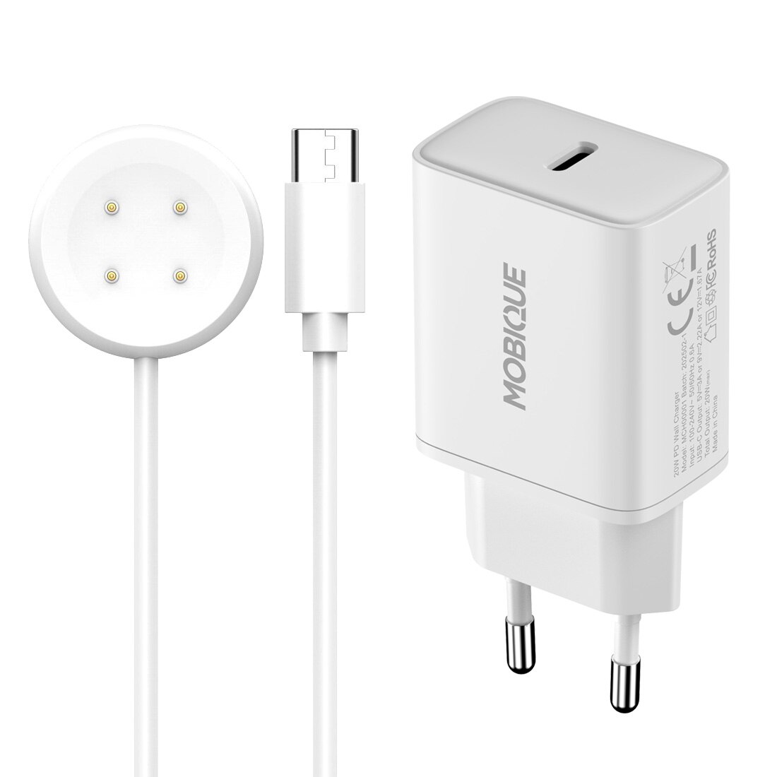 Komplettes Ladegerät Google Pixel Watch 2 Kabel und Wandladegerät 20W Weiß
