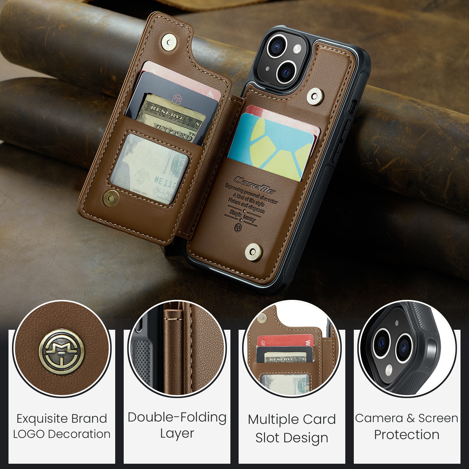 RFID-geschützte Portemonnaie-Hülle iPhone 15 braun