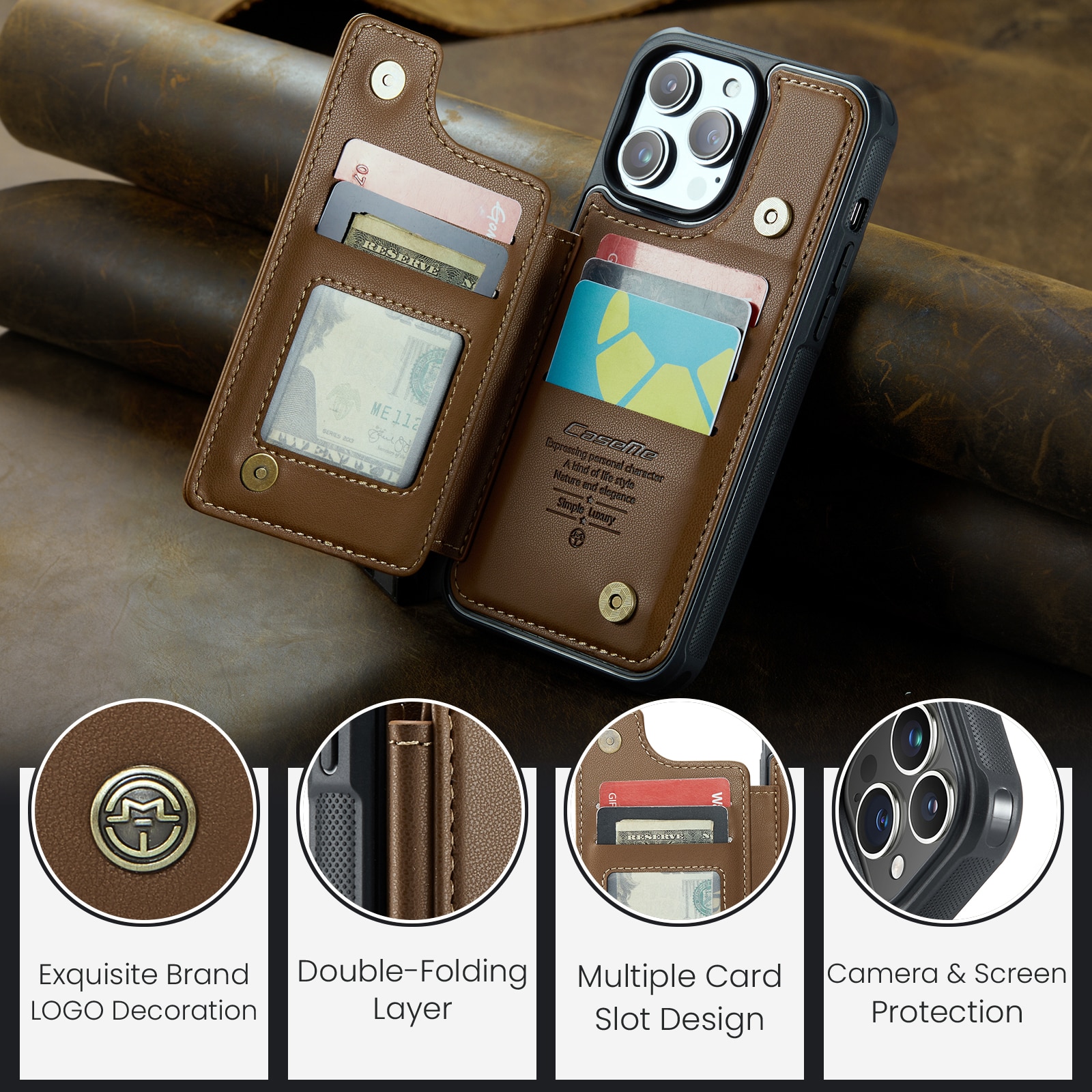 RFID-geschützte Portemonnaie-Hülle iPhone 15 Pro braun