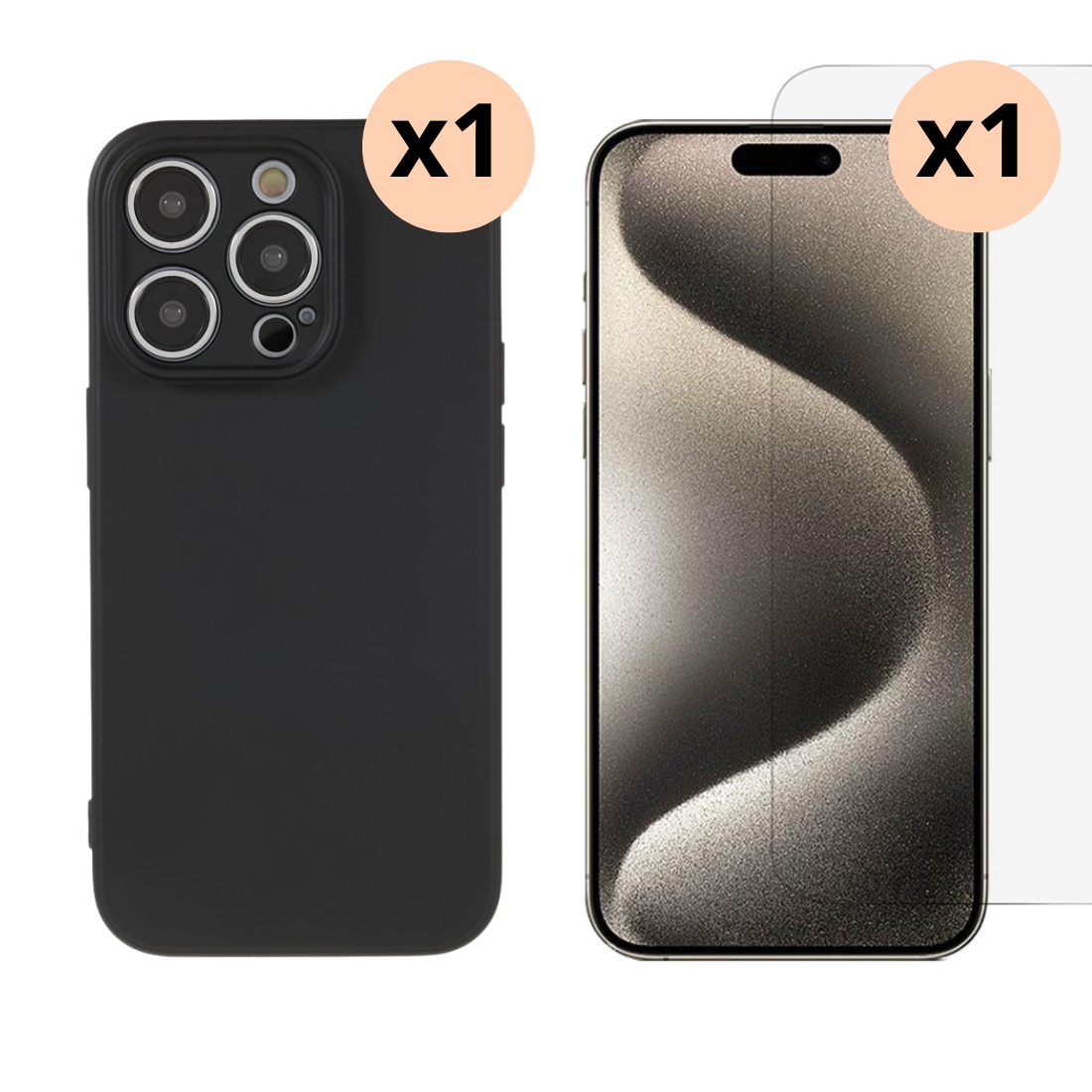 iPhone 15 Pro Kit mit TPU-Hülle und Displayschutz-Panzerglas