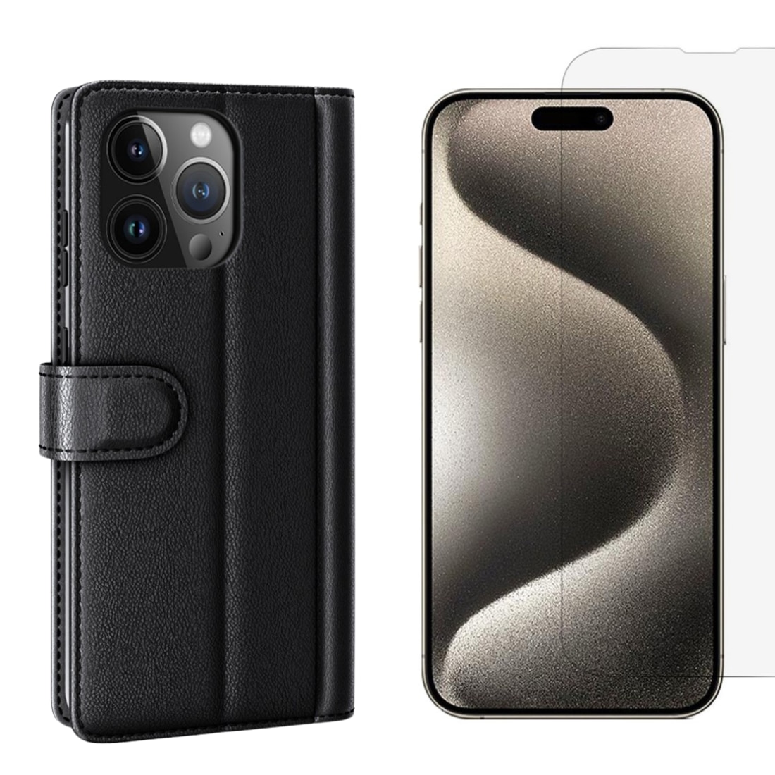 iPhone 15 Pro Kit mit Handytasche und Displayschutz-Panzerglas