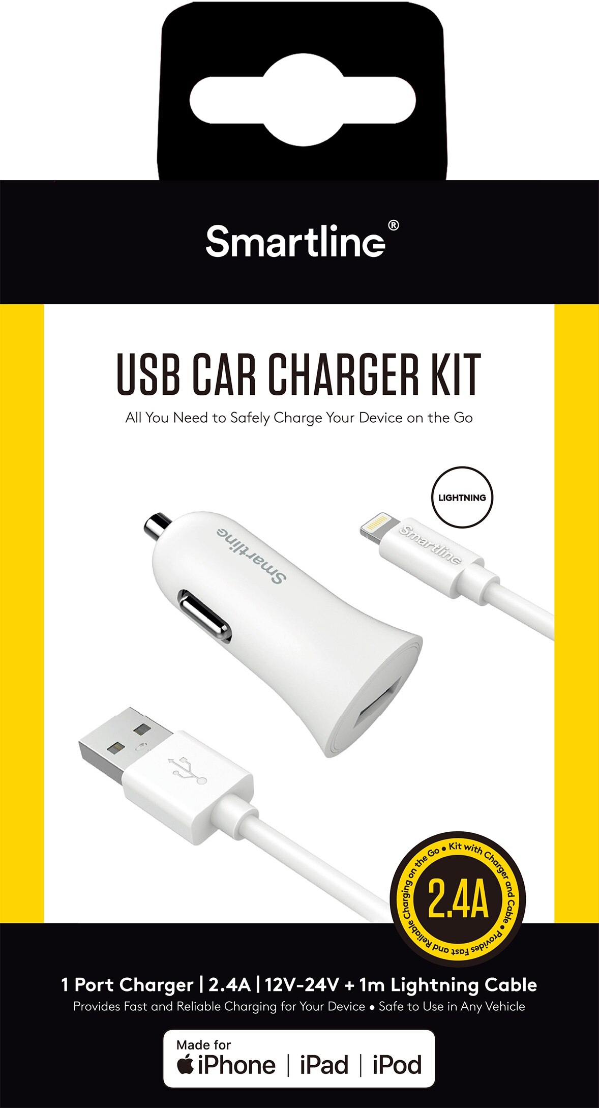 Auto-Ladegerät USB+1M Lightning Kabel Weiß