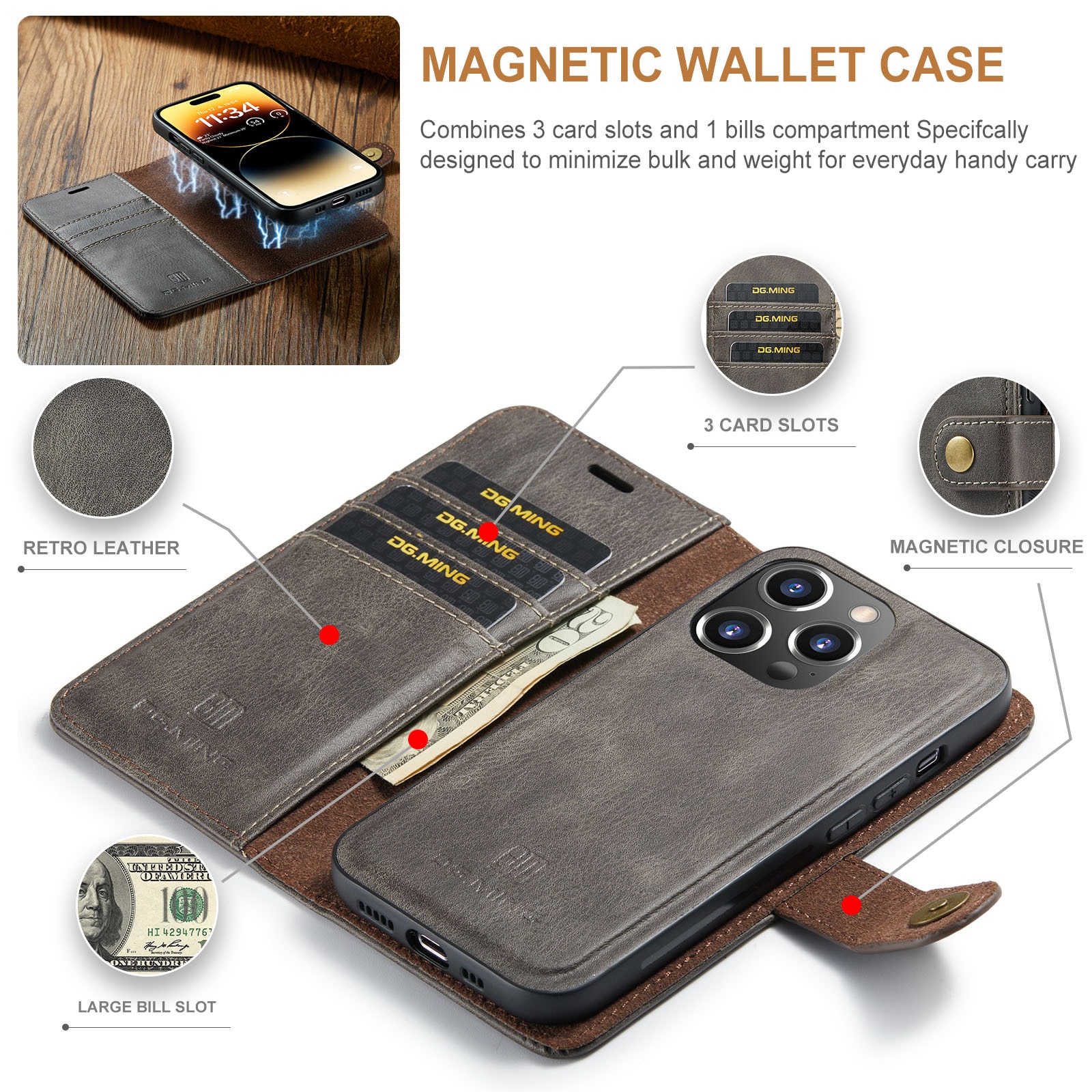 Handytasche Magnetische iPhone 14 Pro Max Brown