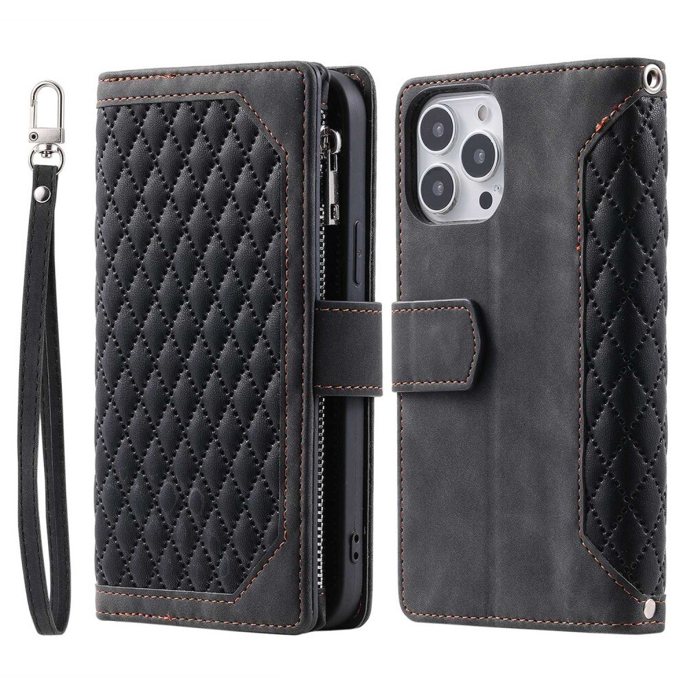 iPhone 13 Pro Brieftasche Hülle Quilted Schwarz