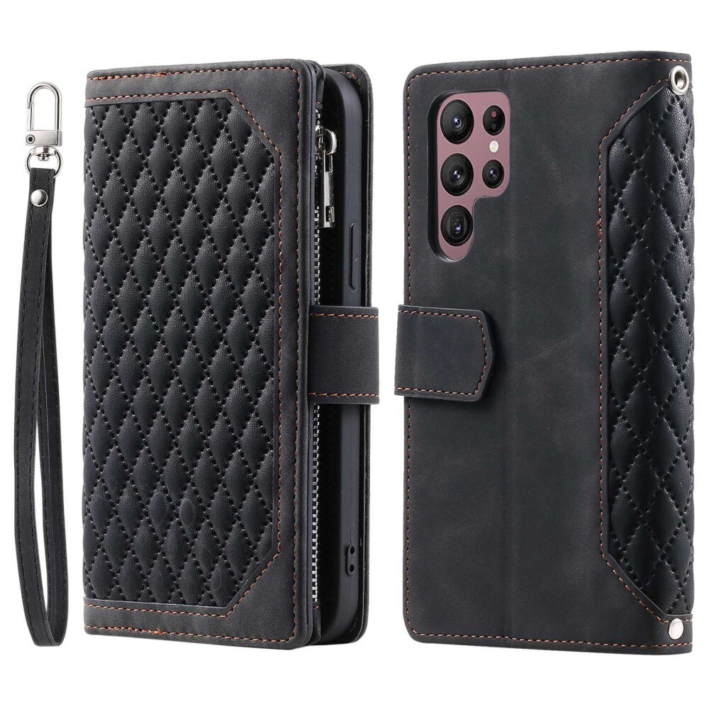 Samsung Galaxy S22 Ultra Brieftasche Hülle Quilted Schwarz