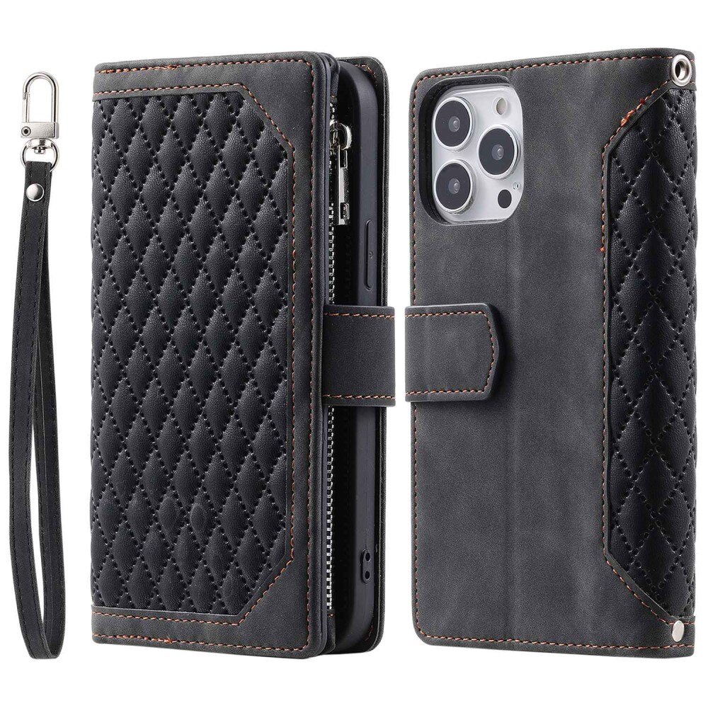 iPhone 14 Pro Brieftasche Hülle Quilted Schwarz