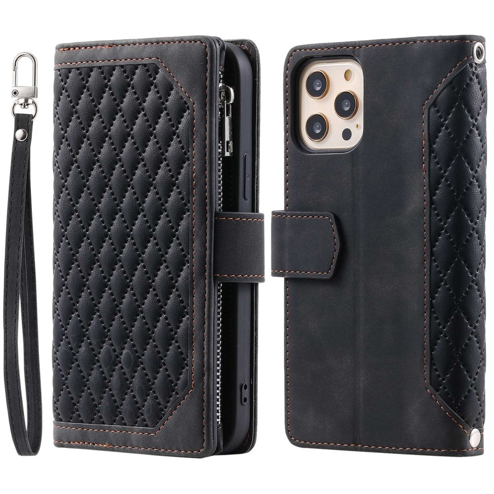 iPhone 12/12 Pro Brieftasche Hülle Quilted Schwarz