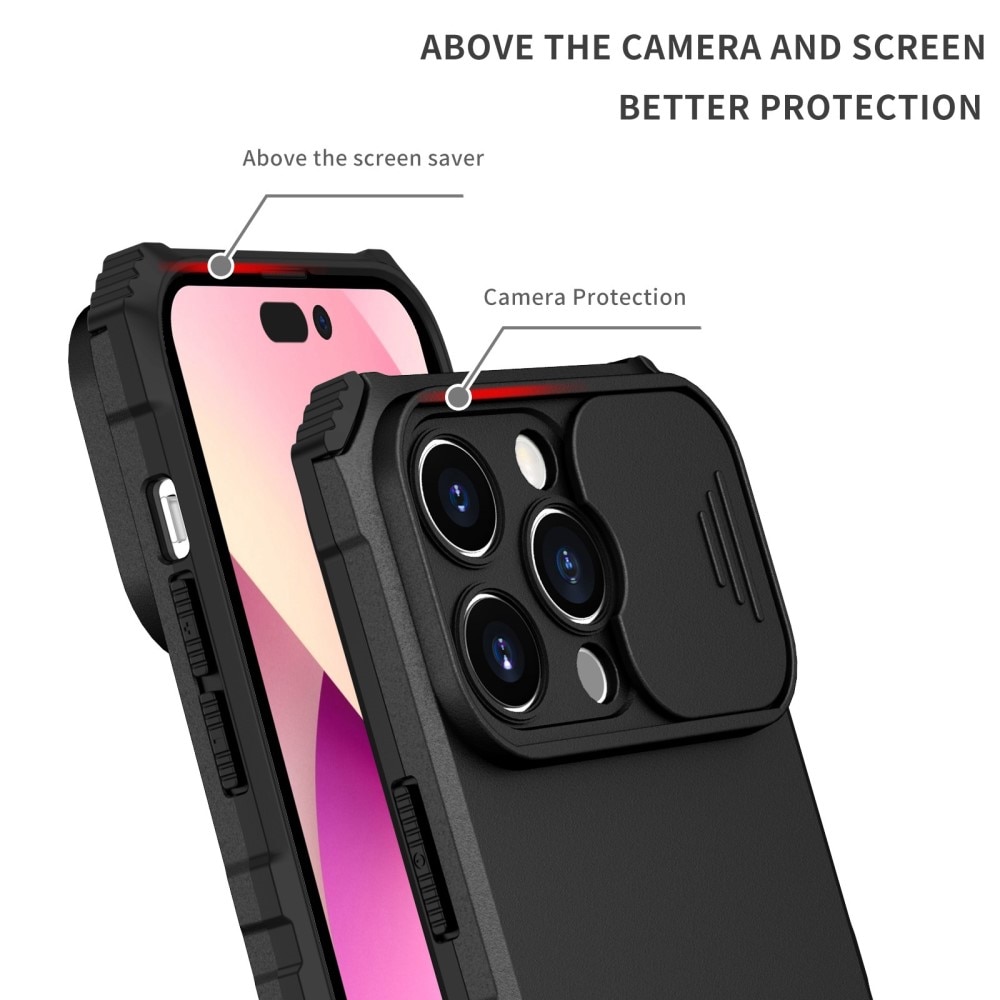 iPhone 14 Pro Kickstand Handyhülle mit Kameraabdeckung Schwarz
