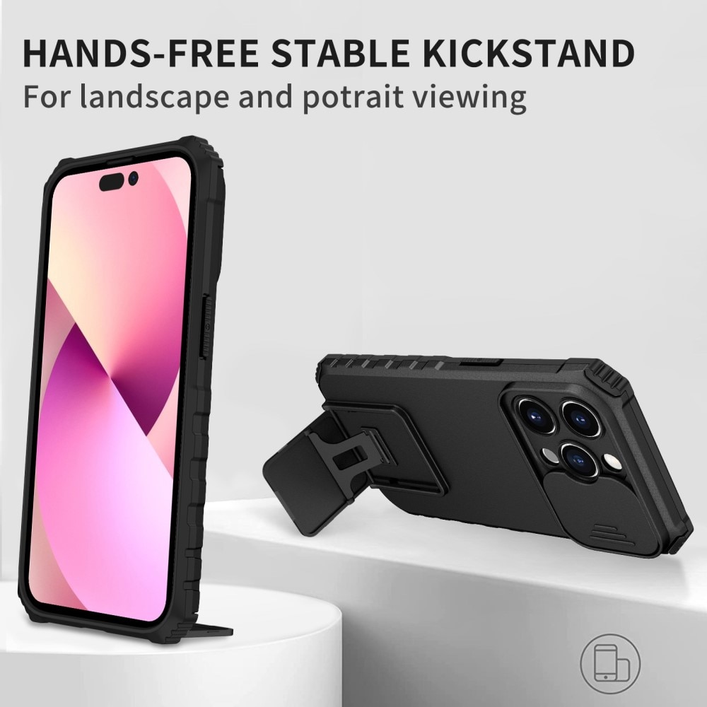 iPhone 14 Pro Kickstand Handyhülle mit Kameraabdeckung Schwarz