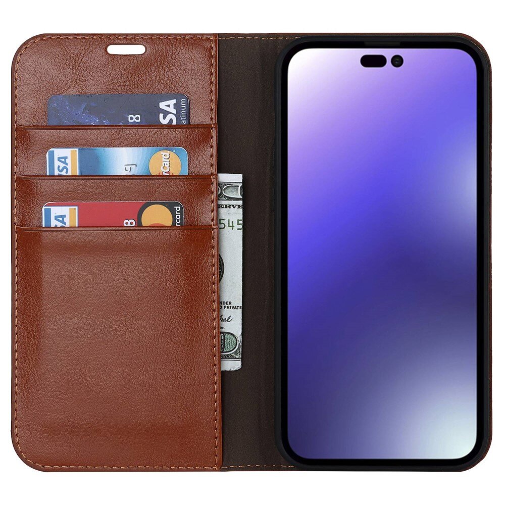 iPhone 14 Pro Handytasche aus Echtem Leder Braun