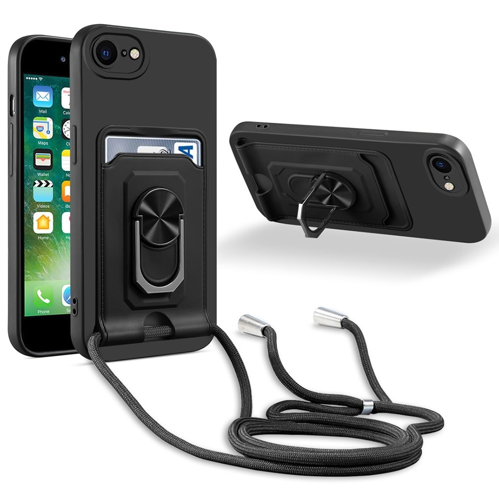 TPU Hülle mit Ring, Kartenhalter und Umhängeband iPhone SE (2020) schwarz