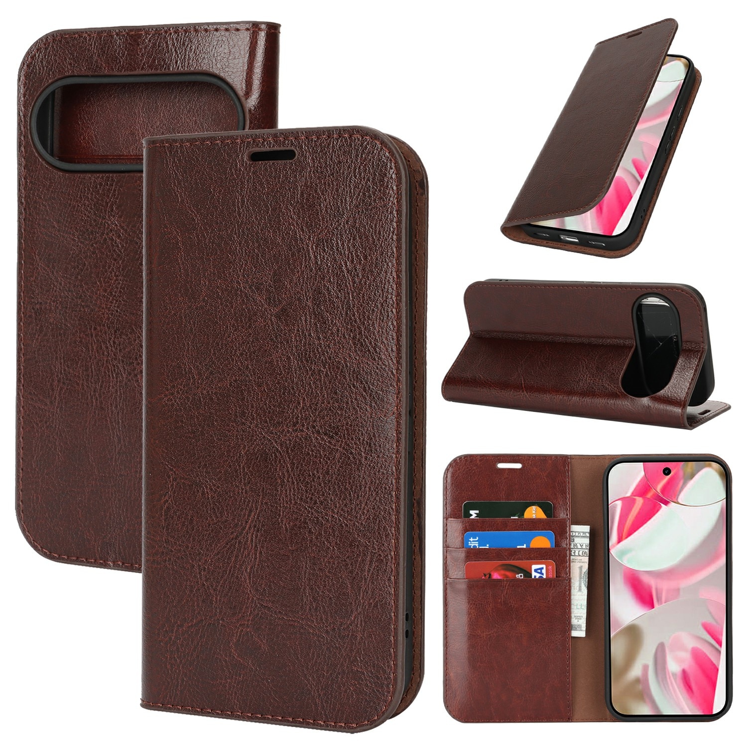 Google Pixel 10 Handytasche aus Echtem Leder Dunkelbraun