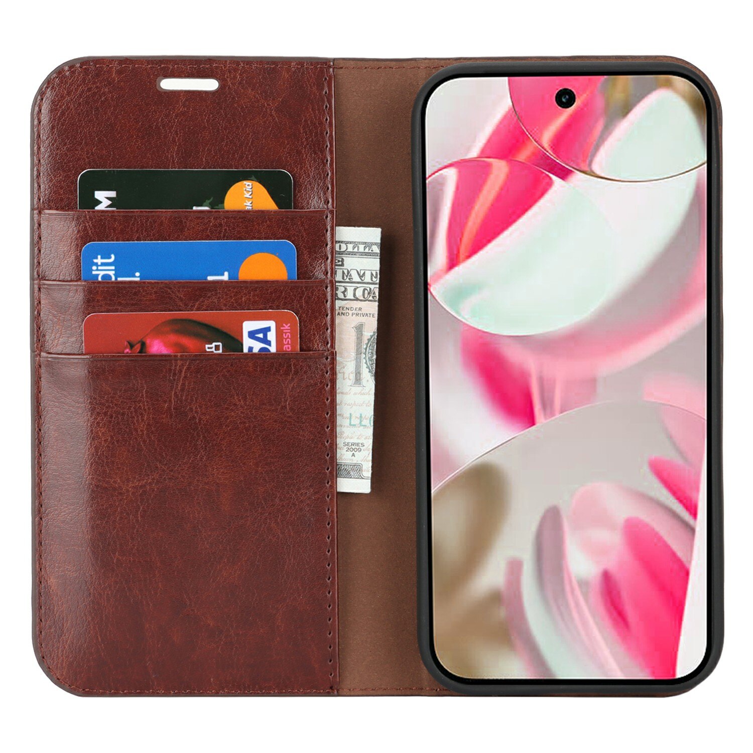 Google Pixel 10 Handytasche aus Echtem Leder Dunkelbraun