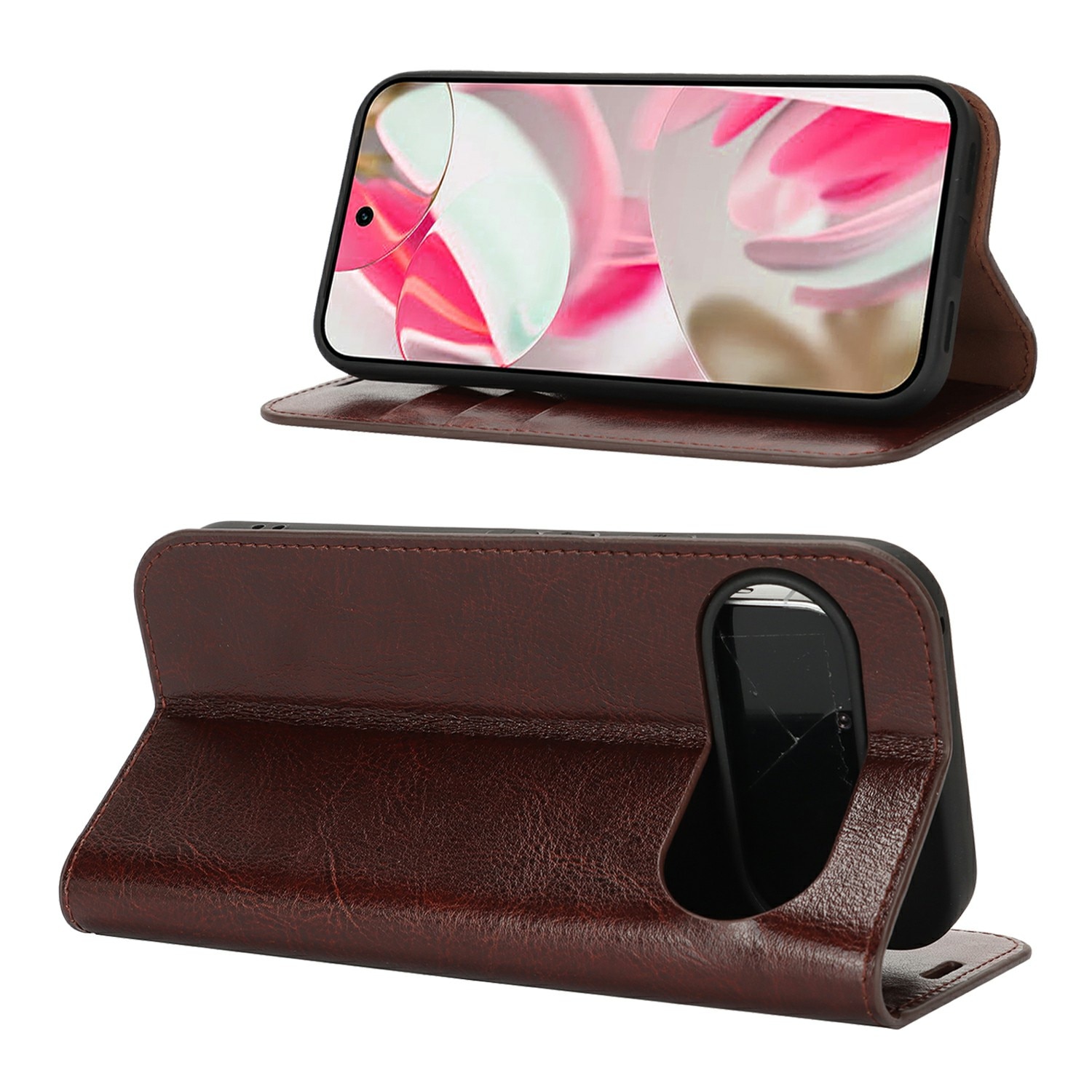 Google Pixel 10 Handytasche aus Echtem Leder Dunkelbraun