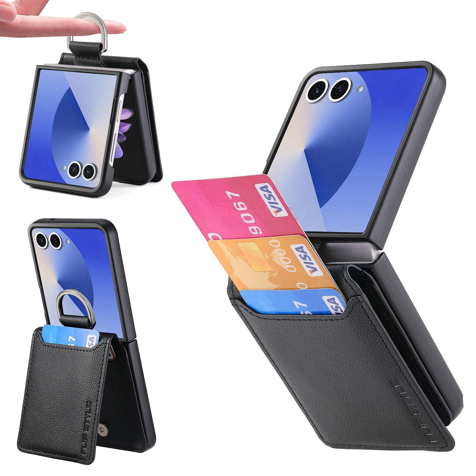 Samsung Galaxy Z Flip 7 Hülle mit Ringhalter + Kartenhalter, schwarz