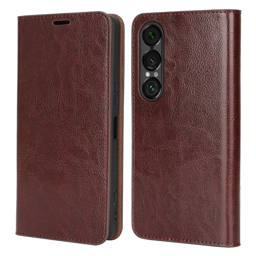 Sony Xperia 1 VII Handytasche aus Echtem Leder Dunkelbraun