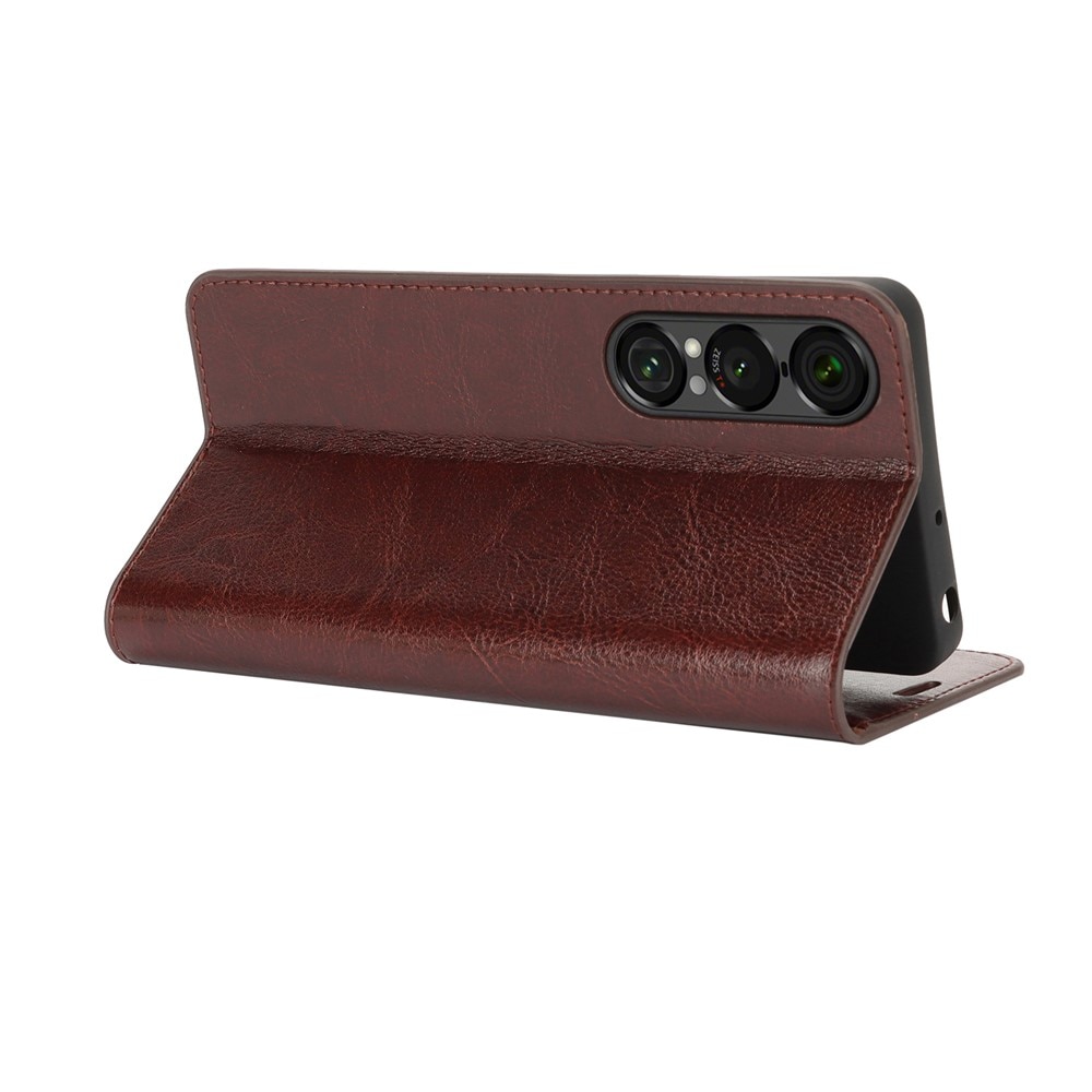 Sony Xperia 1 VII Handytasche aus Echtem Leder Dunkelbraun