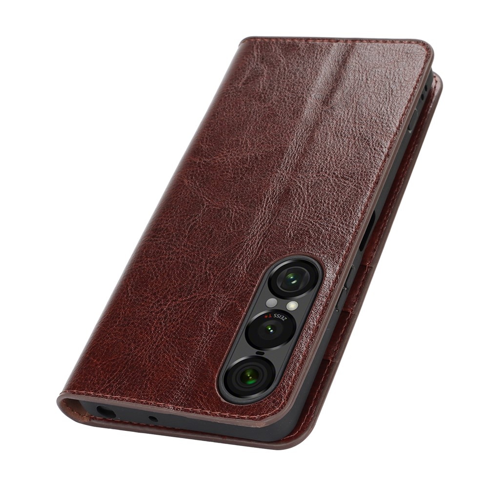 Sony Xperia 1 VII Handytasche aus Echtem Leder Dunkelbraun