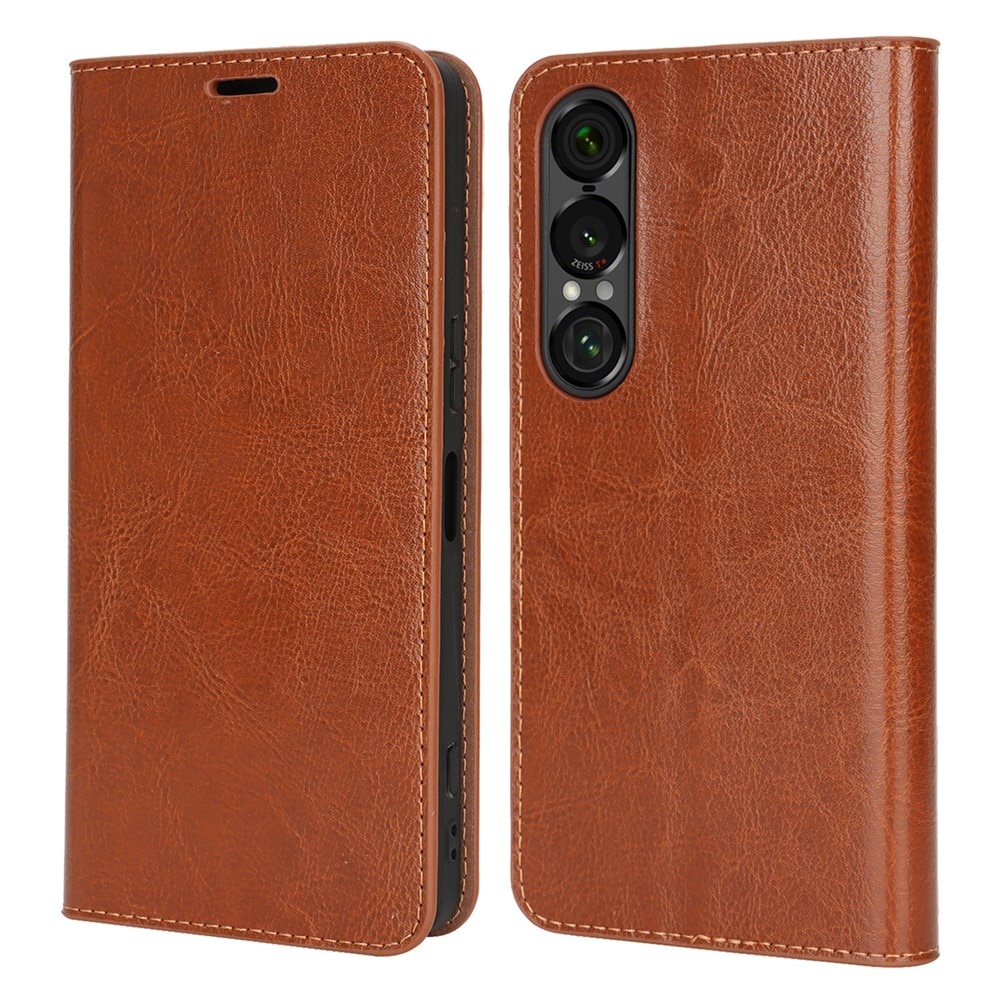 Sony Xperia 1 VII Handytasche aus Echtem Leder Braun
