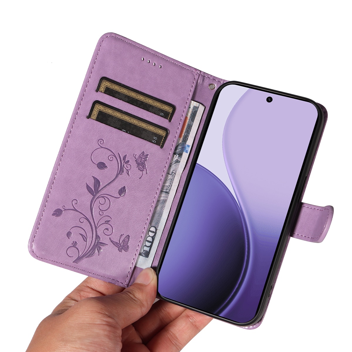 Oppo Reno 14 Handyhülle mit Schmetterlingsmuster, Lila