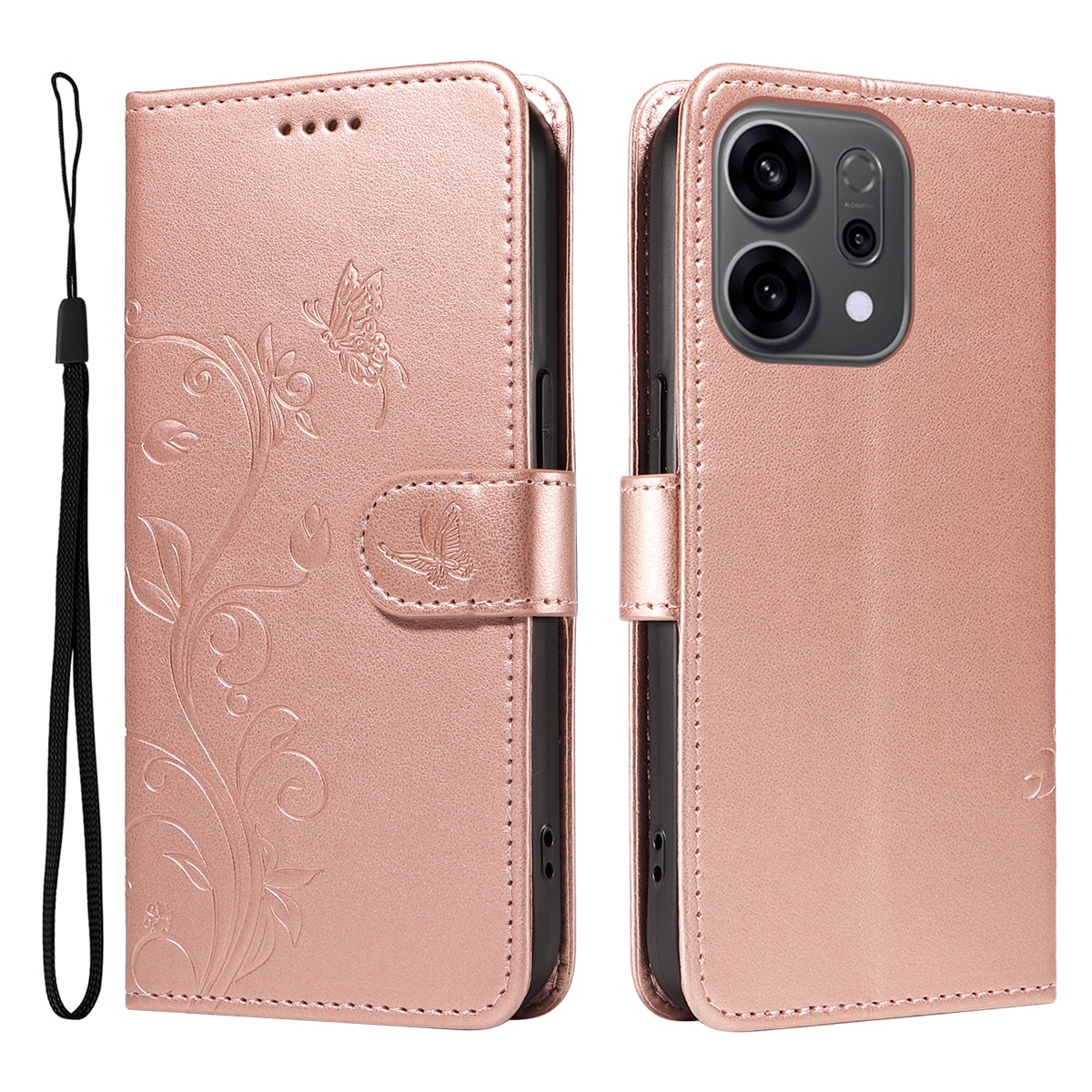 Oppo Reno 14 Handyhülle mit Schmetterlingsmuster, Roségold