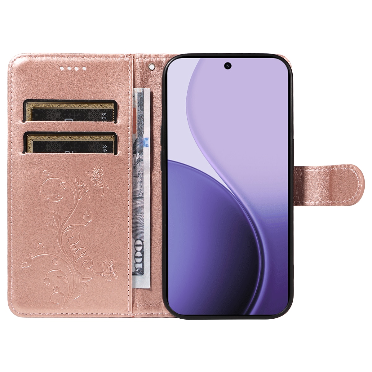 Oppo Reno 14 Handyhülle mit Schmetterlingsmuster, Roségold