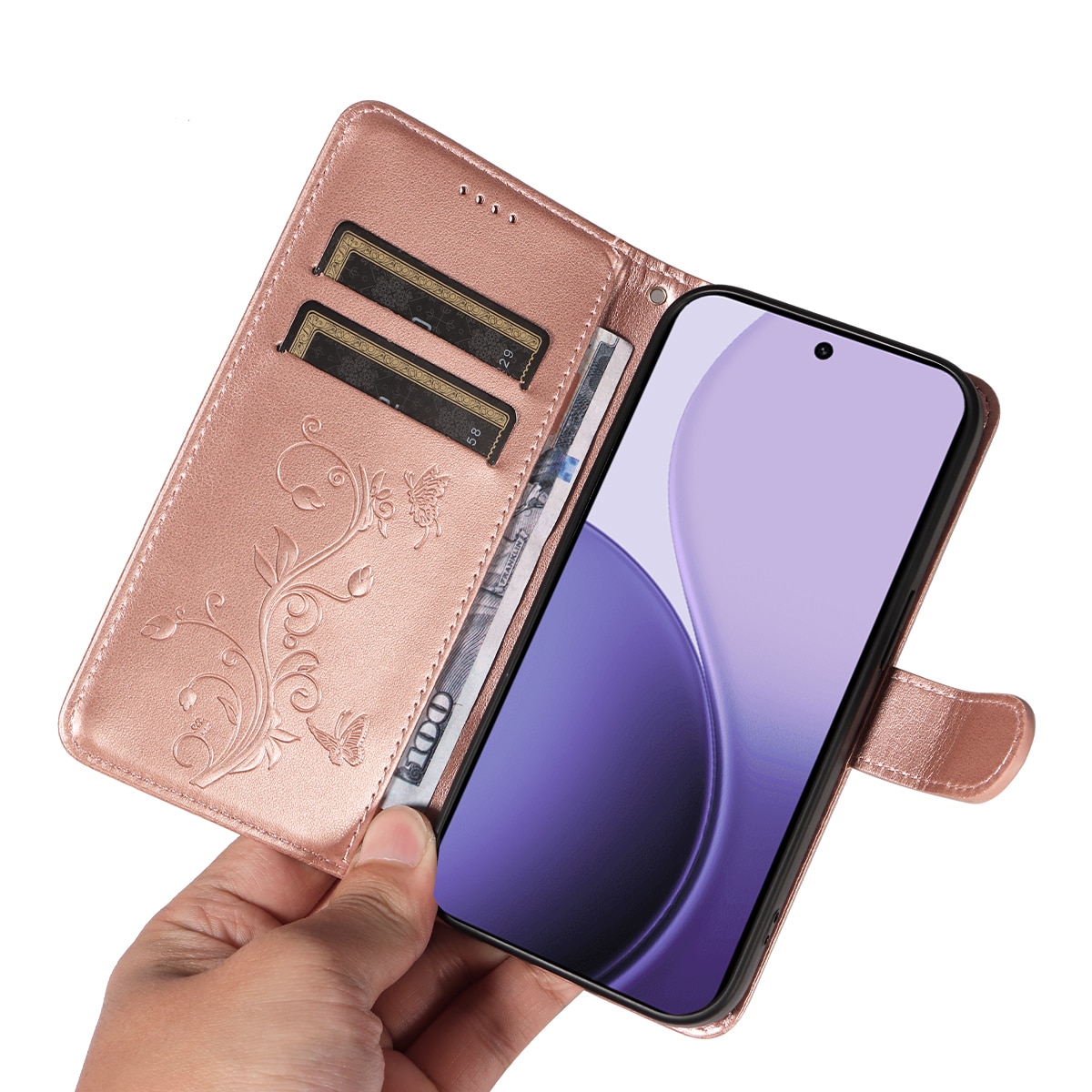 Oppo Reno 14 Handyhülle mit Schmetterlingsmuster, Roségold
