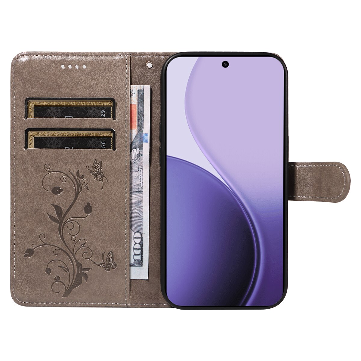 Oppo Reno 14 F Handyhülle mit Schmetterlingsmuster, Grau