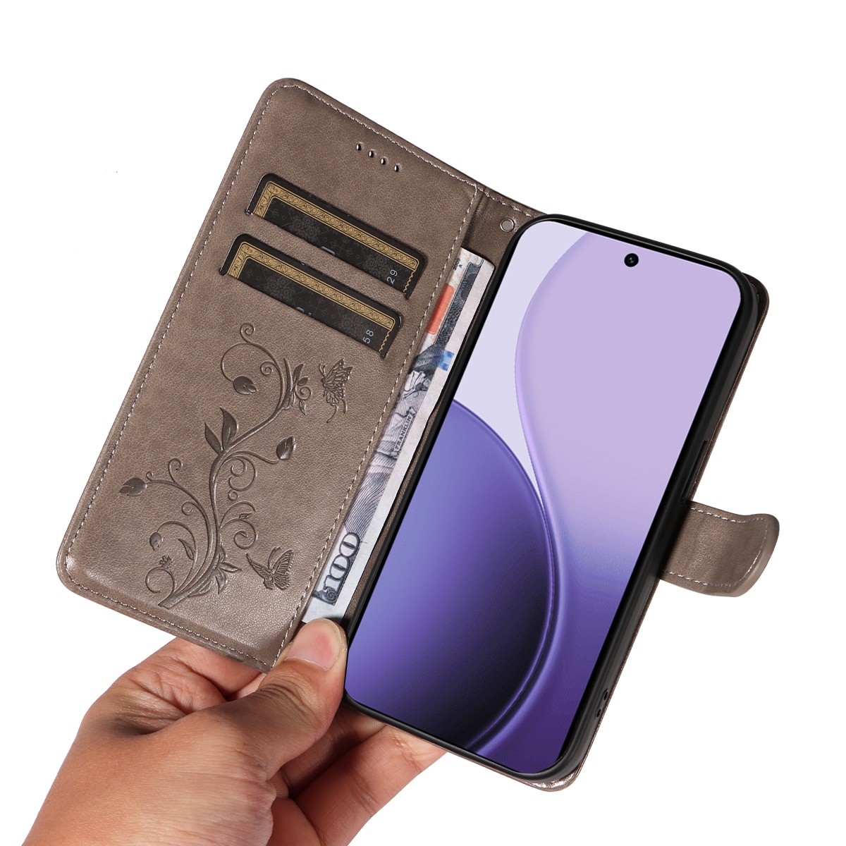 Oppo Reno 14 F Handyhülle mit Schmetterlingsmuster, Grau