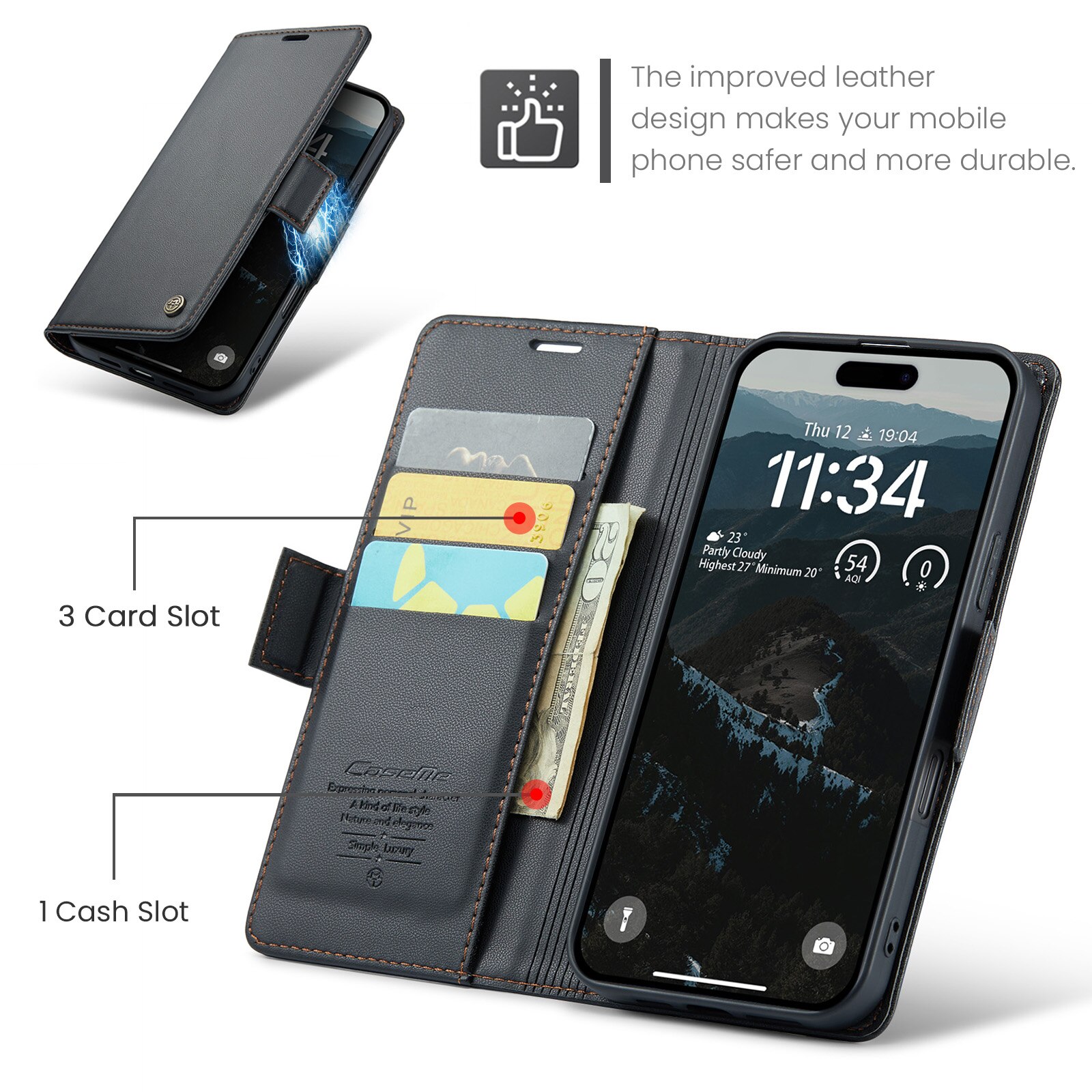 RFID-geschützte Slim Portemonnaie-Hülle iPhone 17 Schwarz