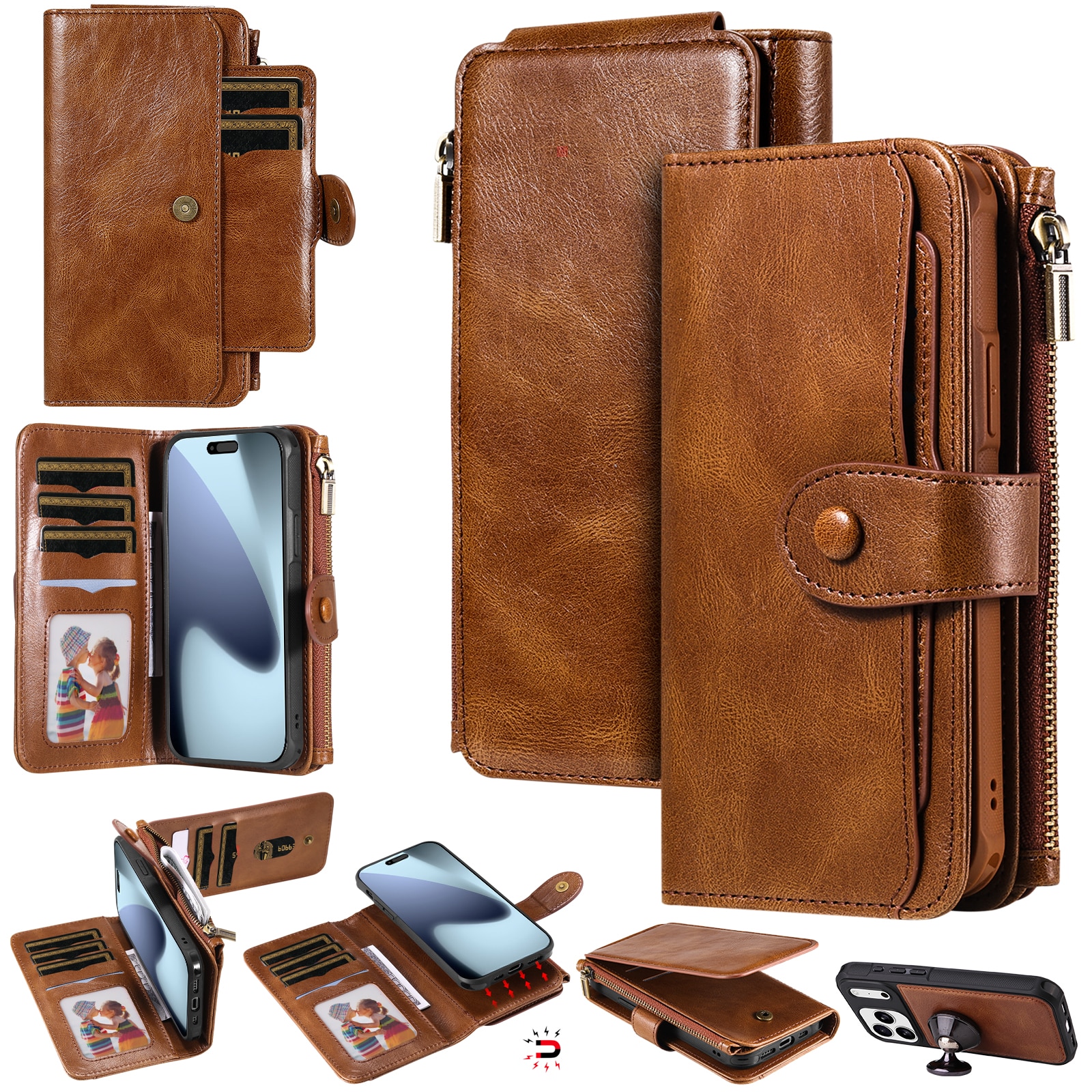 iPhone 17 Pro Max Magnet Leather Multi-Wallet Braun