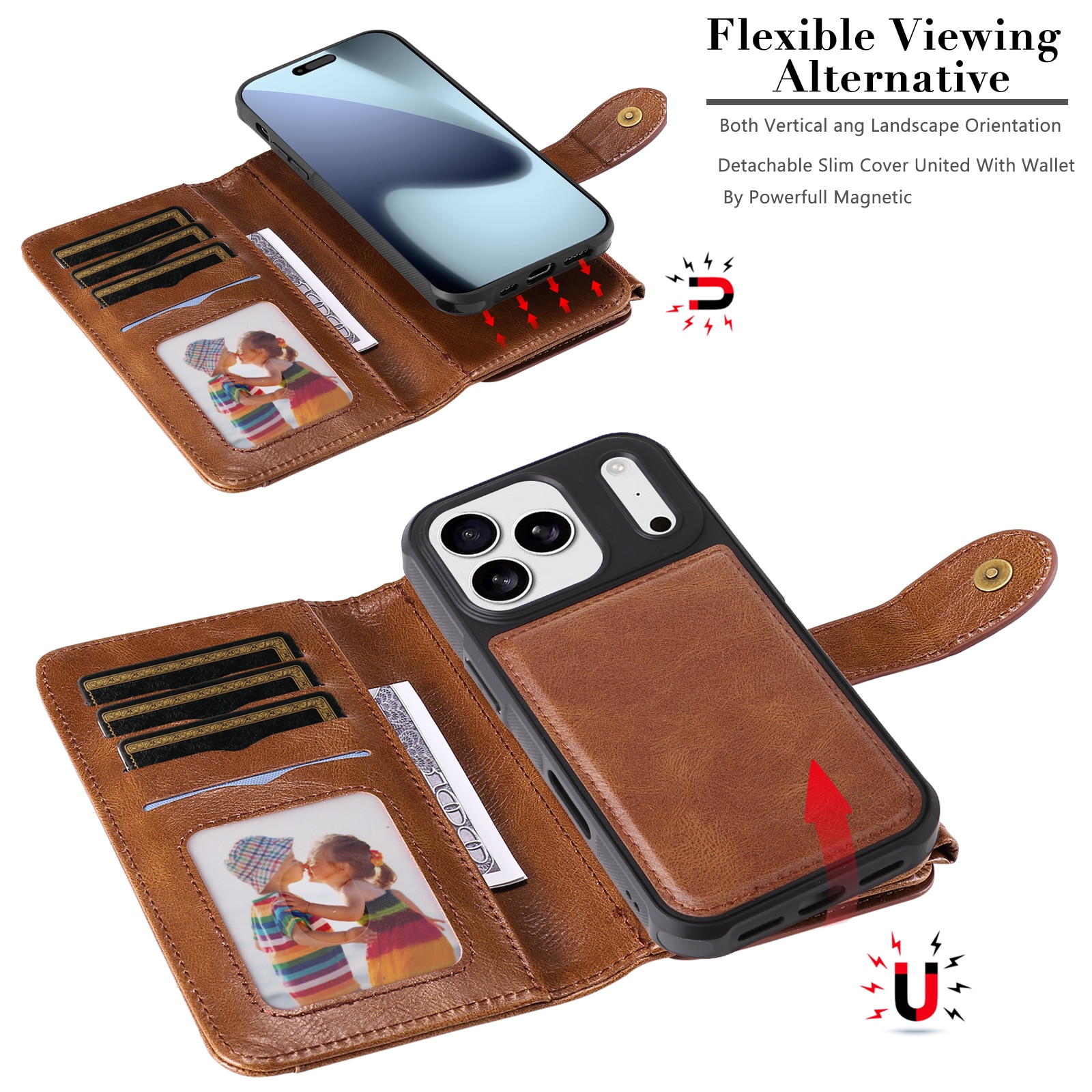 iPhone 17 Pro Max Magnet Leather Multi-Wallet Braun