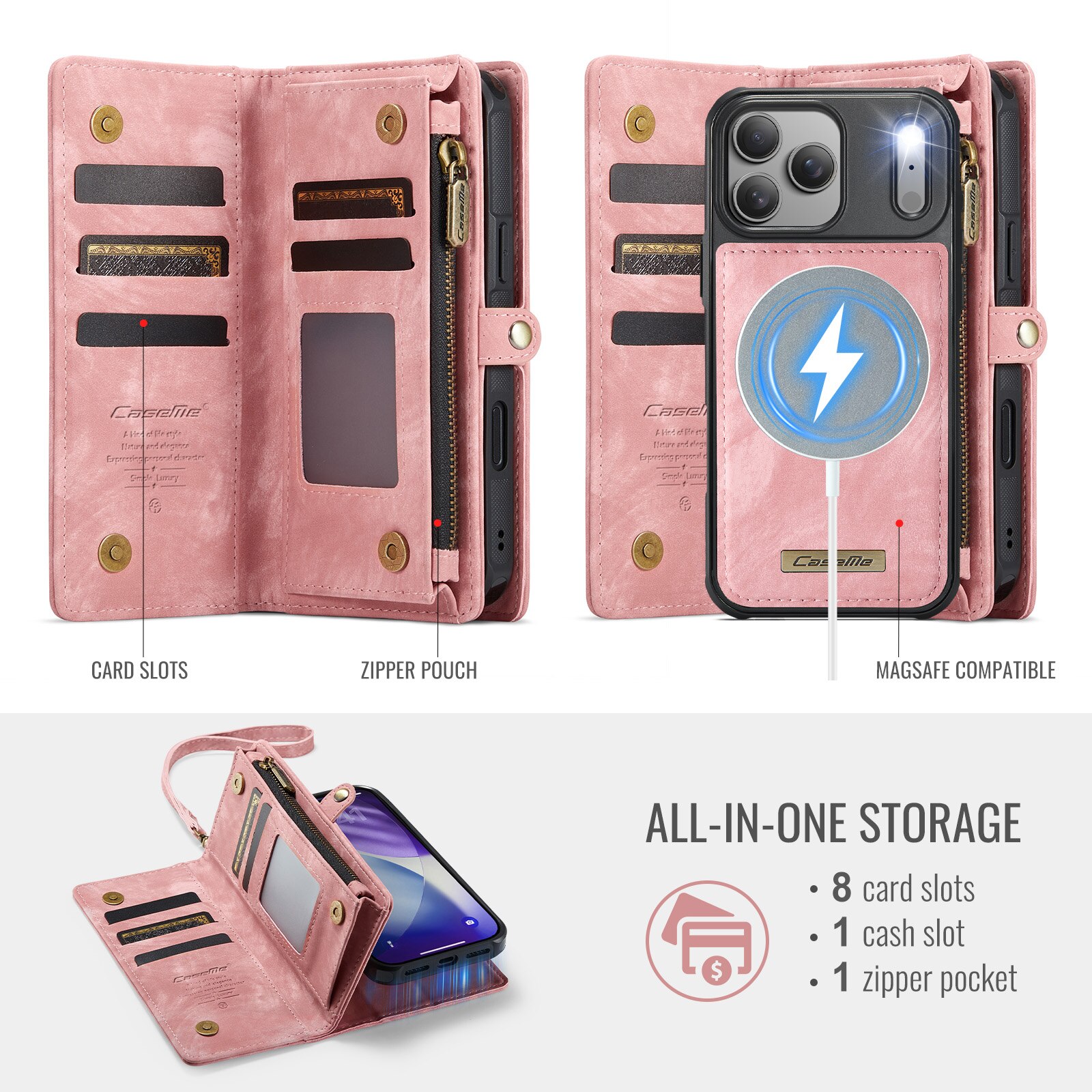 Multi-slot Portemonnaie-Hülle iPhone 17 Pro Max Rosa