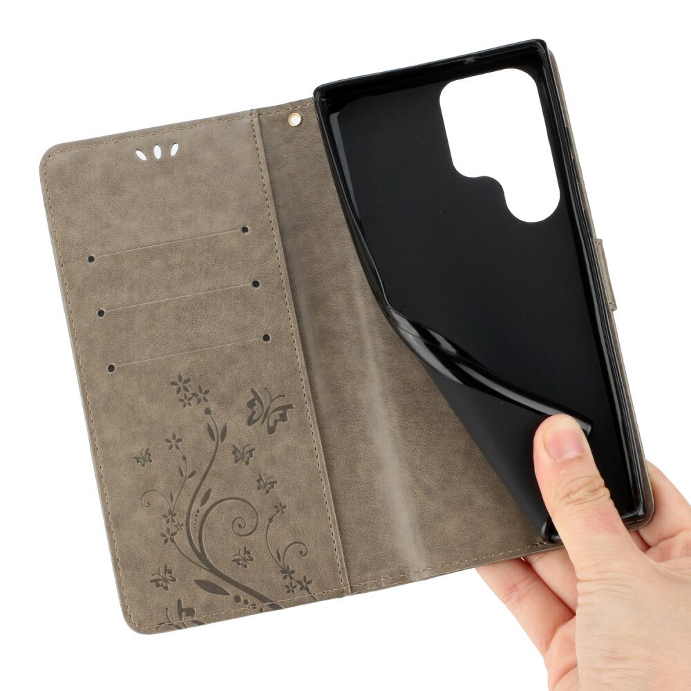 Samsung Galaxy S23 Ultra Handyhülle mit Schmetterlingsmuster, Grau