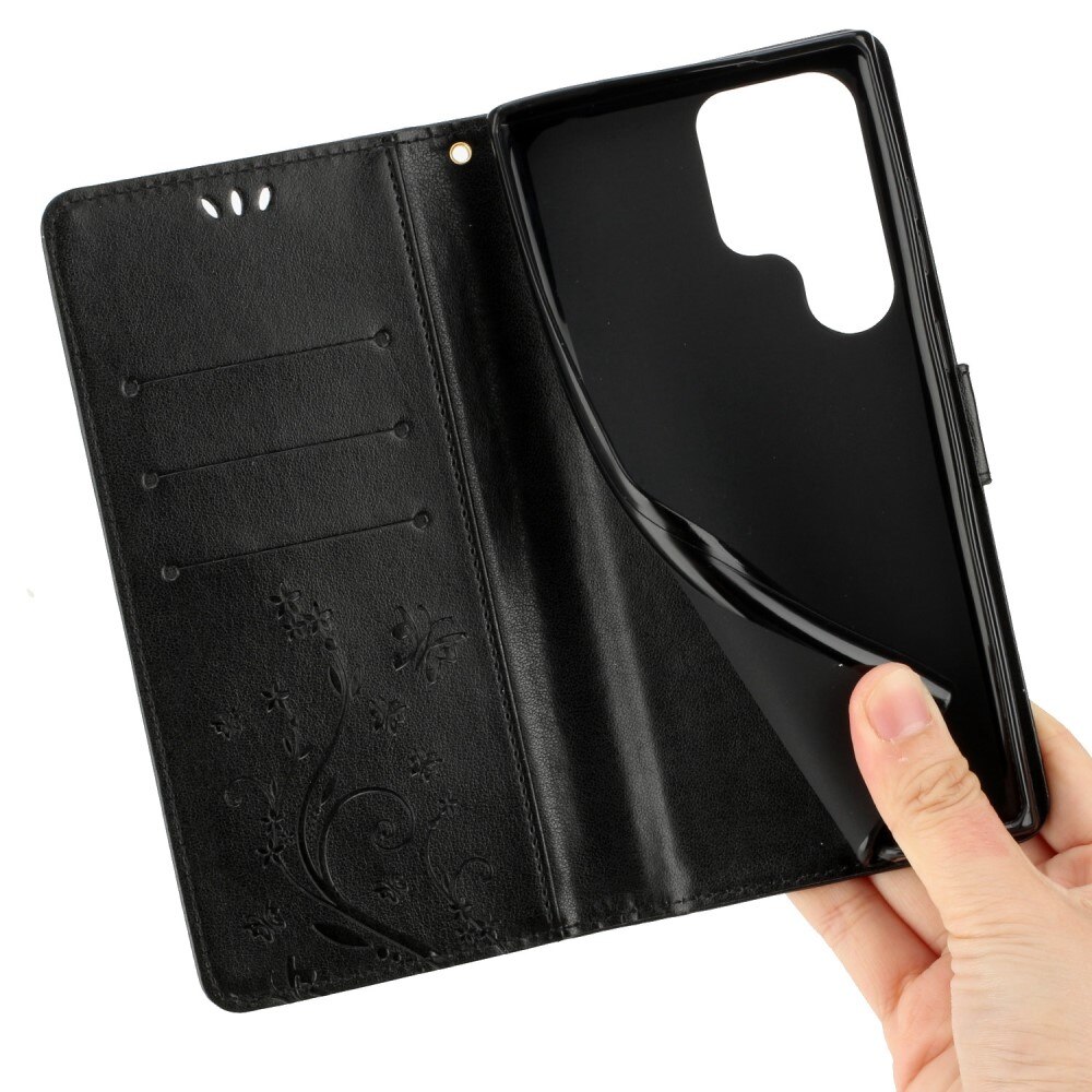 Samsung Galaxy S23 Ultra Handyhülle mit Schmetterlingsmuster, Schwarz